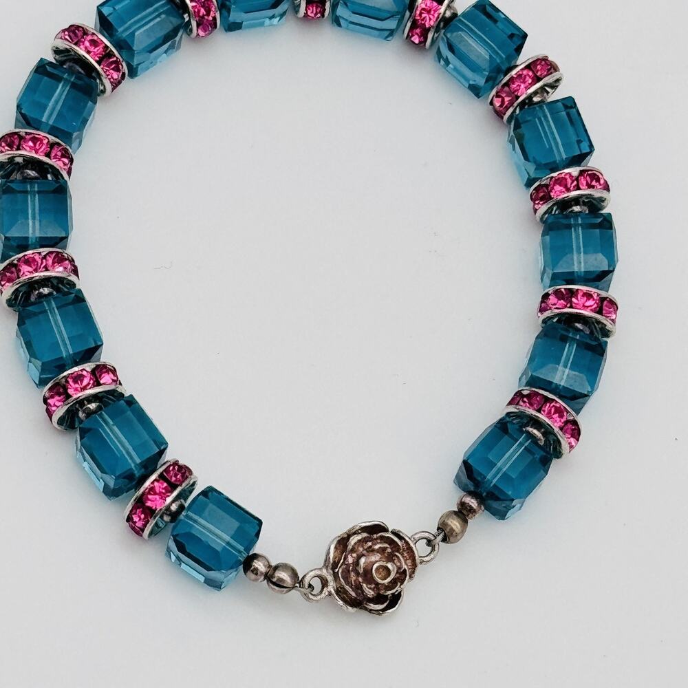 Blue Crystal Pink Rhinestone Bracelet Rose Magnetic 925 Clasp Jewelry Classic - Picture 7 of 12
